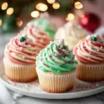Tricolor Christmas cupcakes topped with festive decorations for the holiday season