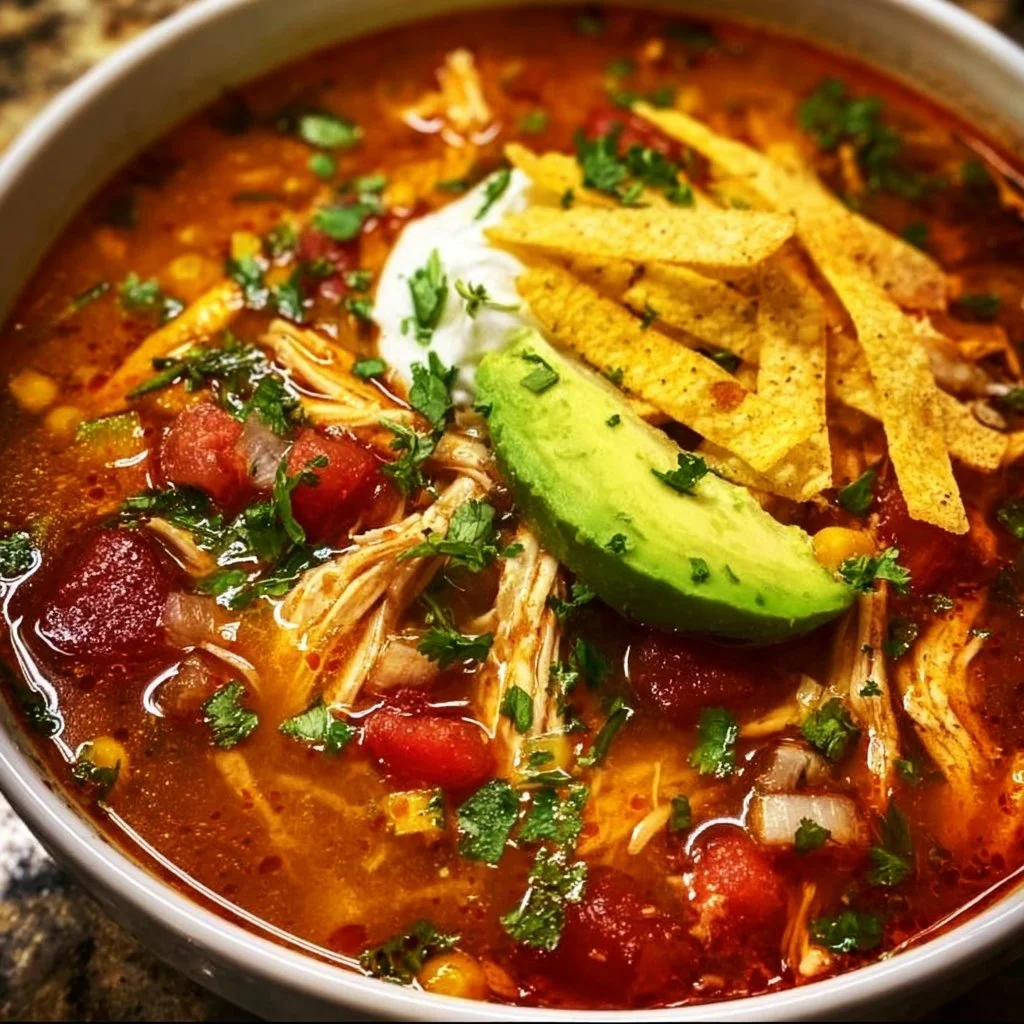 Bowl of quick and easy chicken tortilla soup garnished with tortilla strips and cilantro.