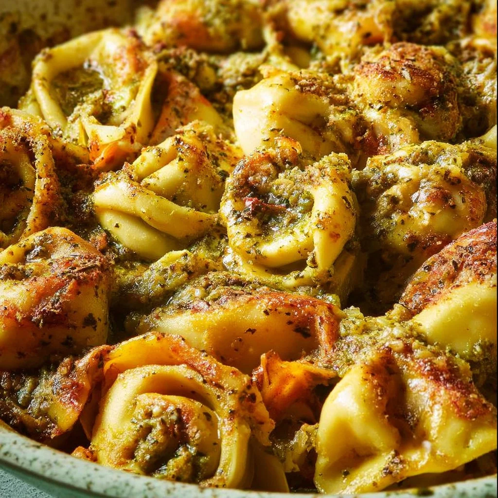 4-Ingredient Pesto Tortellini Bake in a casserole dish