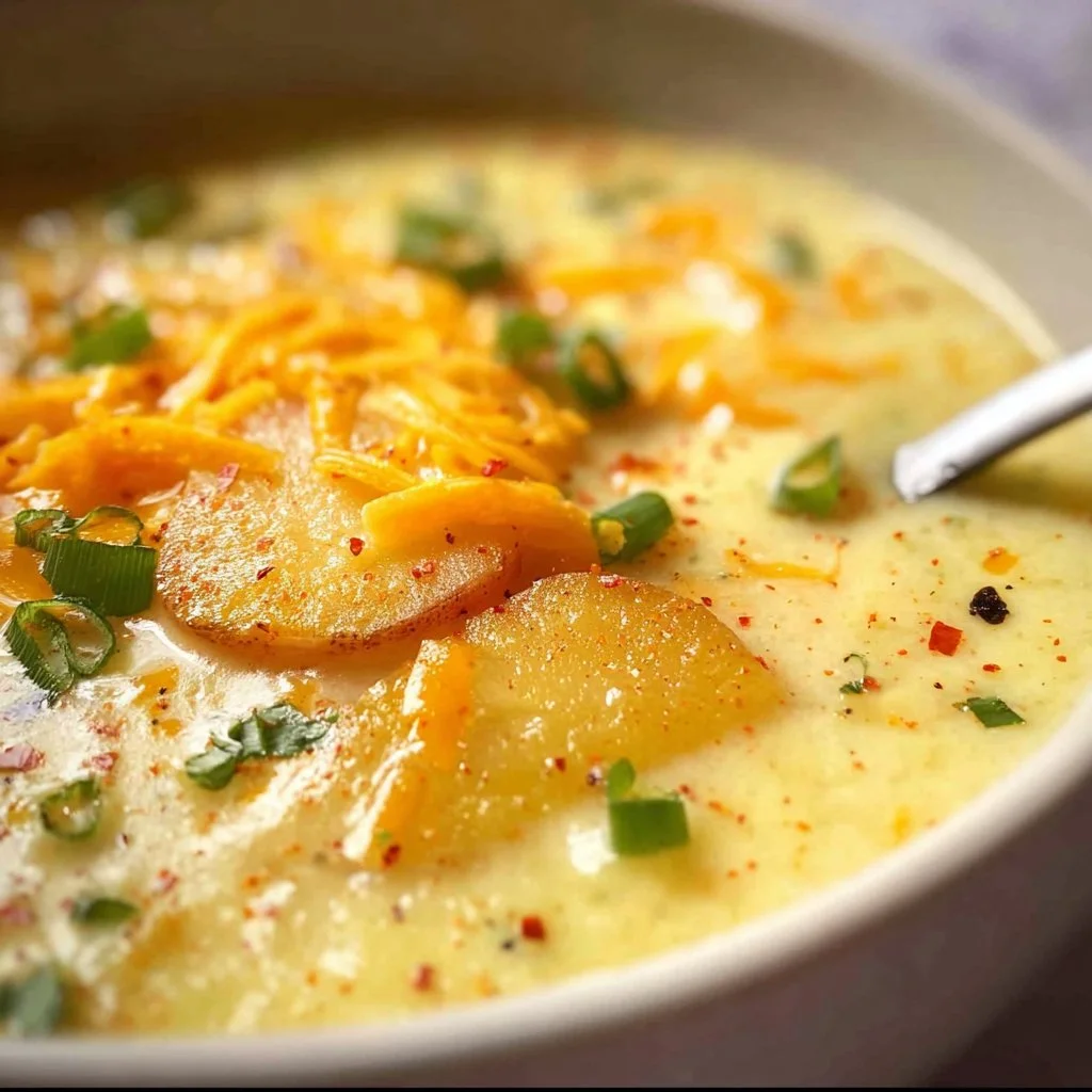 Delicious 4 ingredient potato soup served in a bowl with toppings
