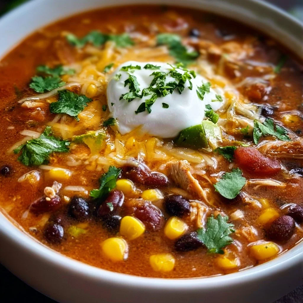 A steaming bowl of easy 8 Can Taco Soup with toppings