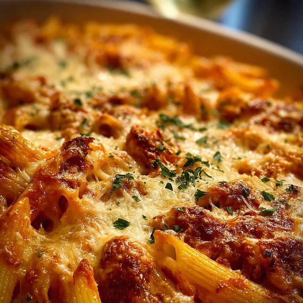 Baked Alfredo Marinara Pasta in a casserole dish topped with cheese and herbs.