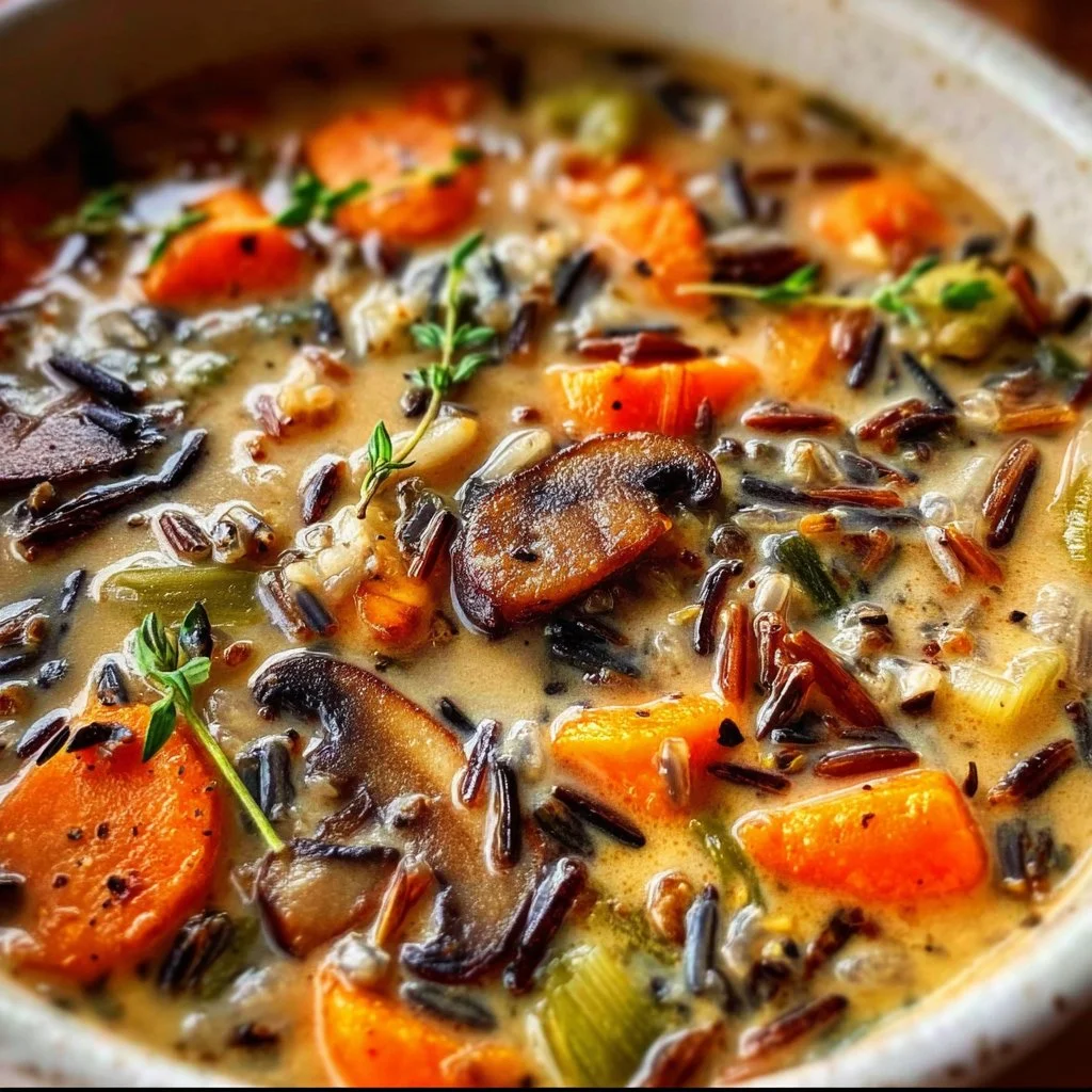 Delicious bowl of Autumn Wild Rice Soup with fresh ingredients and herbs
