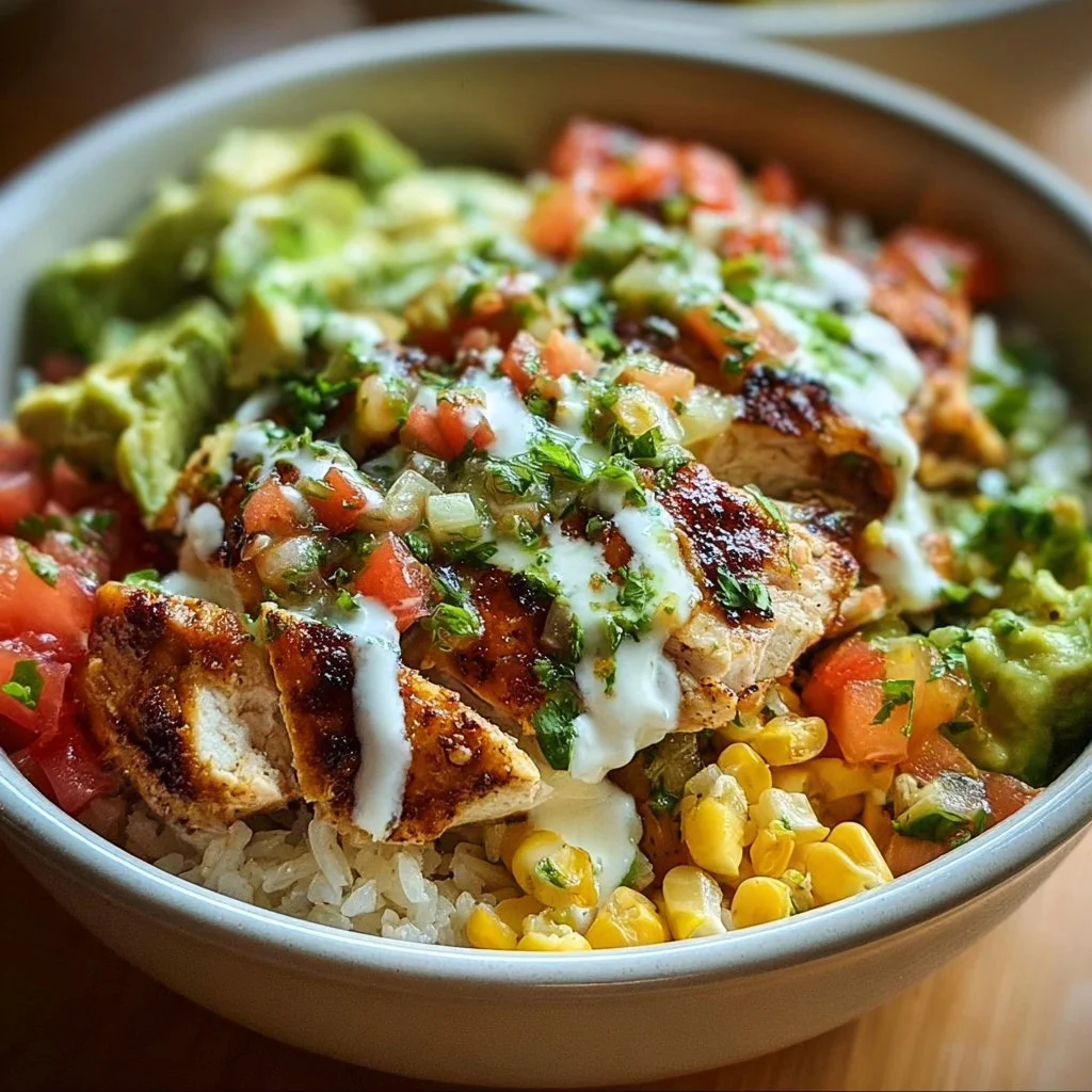 Baja Chicken Bowl topped with fresh vegetables and avocado