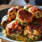 Baked chicken ricotta meatballs served on a plate with sauce