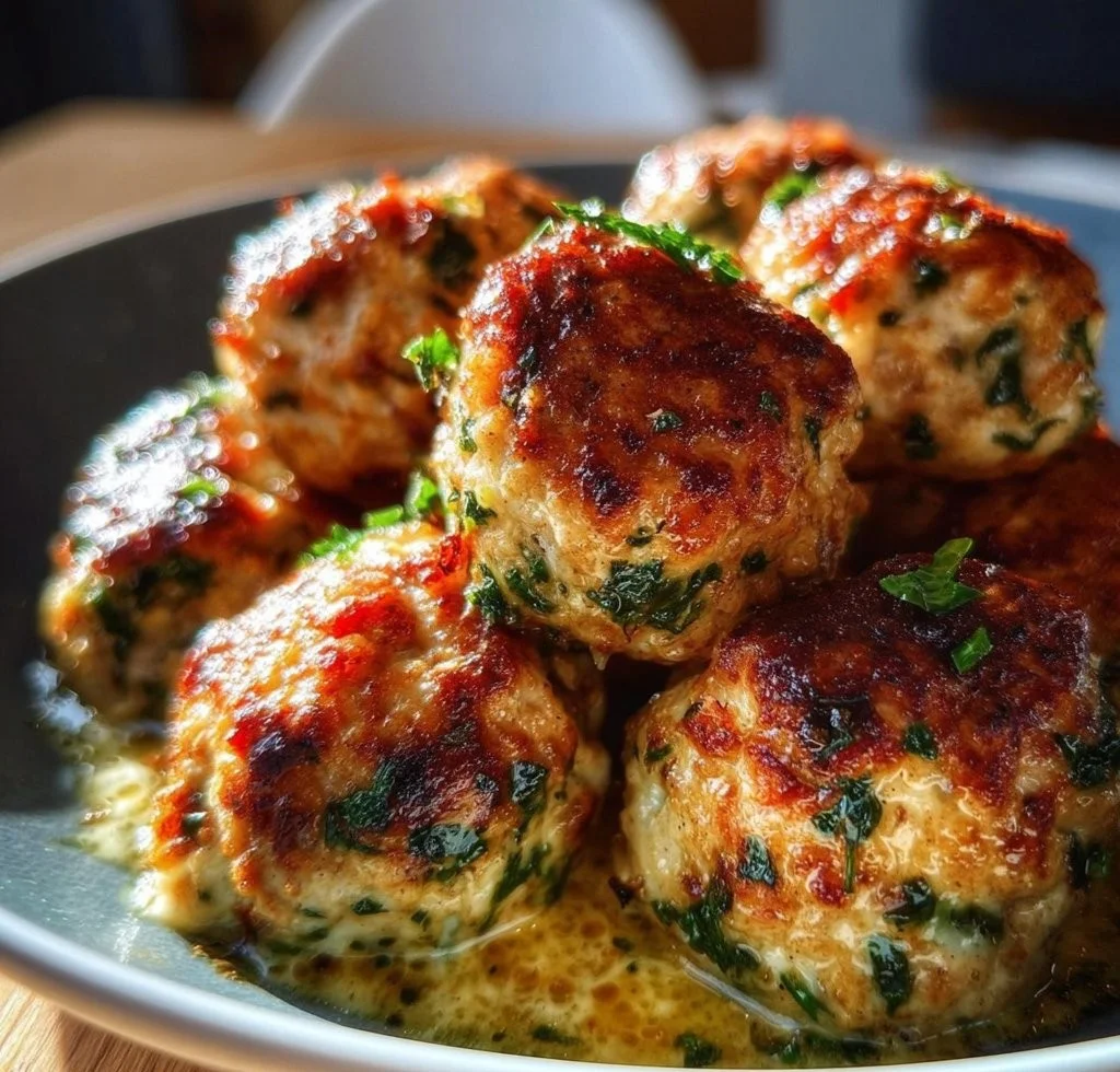Baked chicken ricotta meatballs served on a plate with sauce