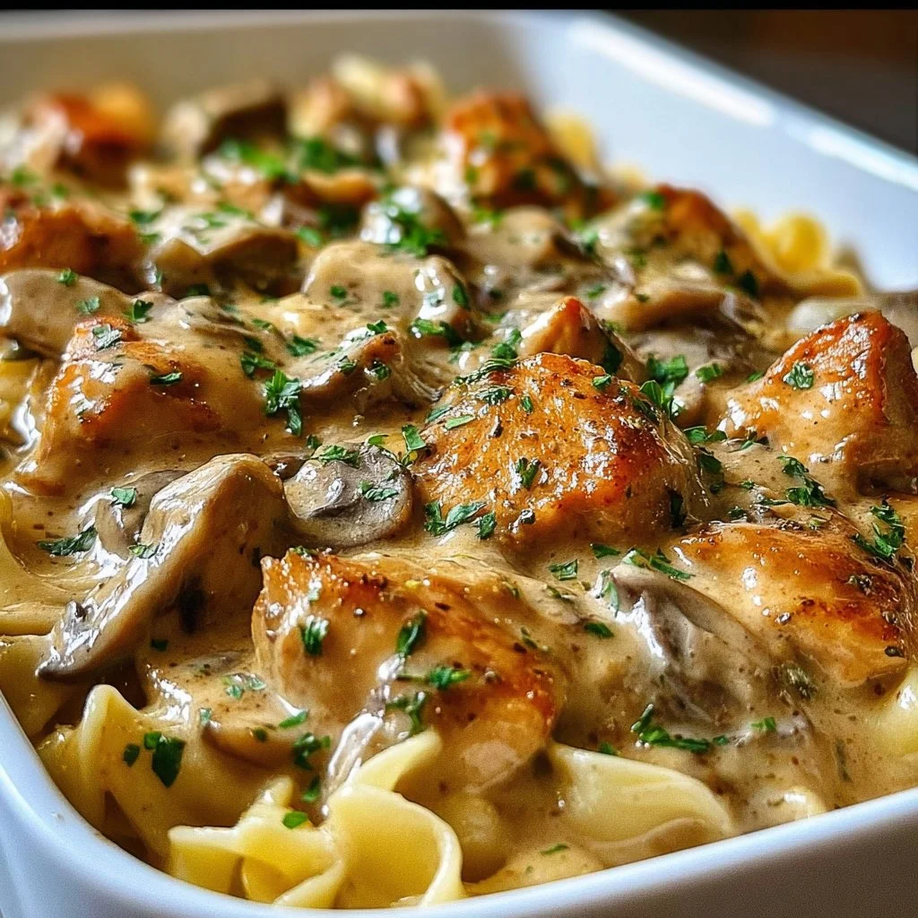 Plate of baked chicken stroganoff with creamy sauce and mushrooms