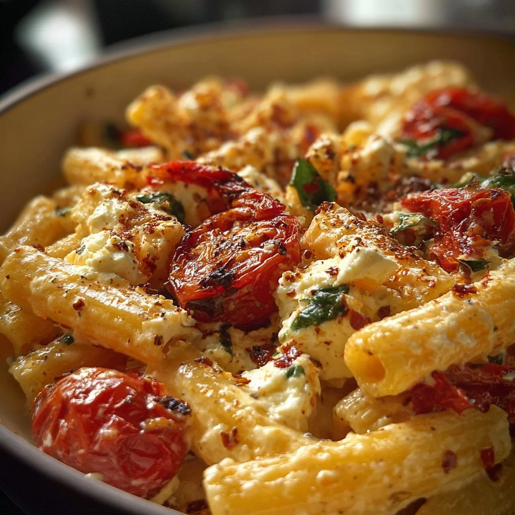 A creamy baked feta pasta dish with tomatoes and herbs