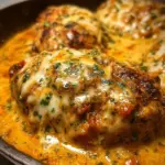 Baked Queso Chicken dish topped with melted cheese and spices