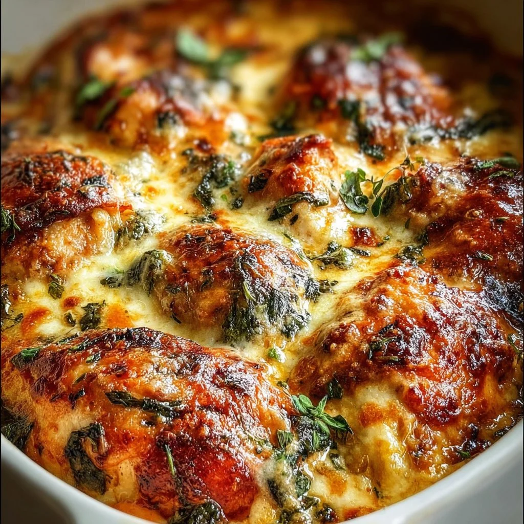 Delicious baked Tuscan chicken casserole topped with herbs and vegetables