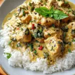 Basil Chicken with Coconut Curry Sauce garnished with fresh basil leaves.