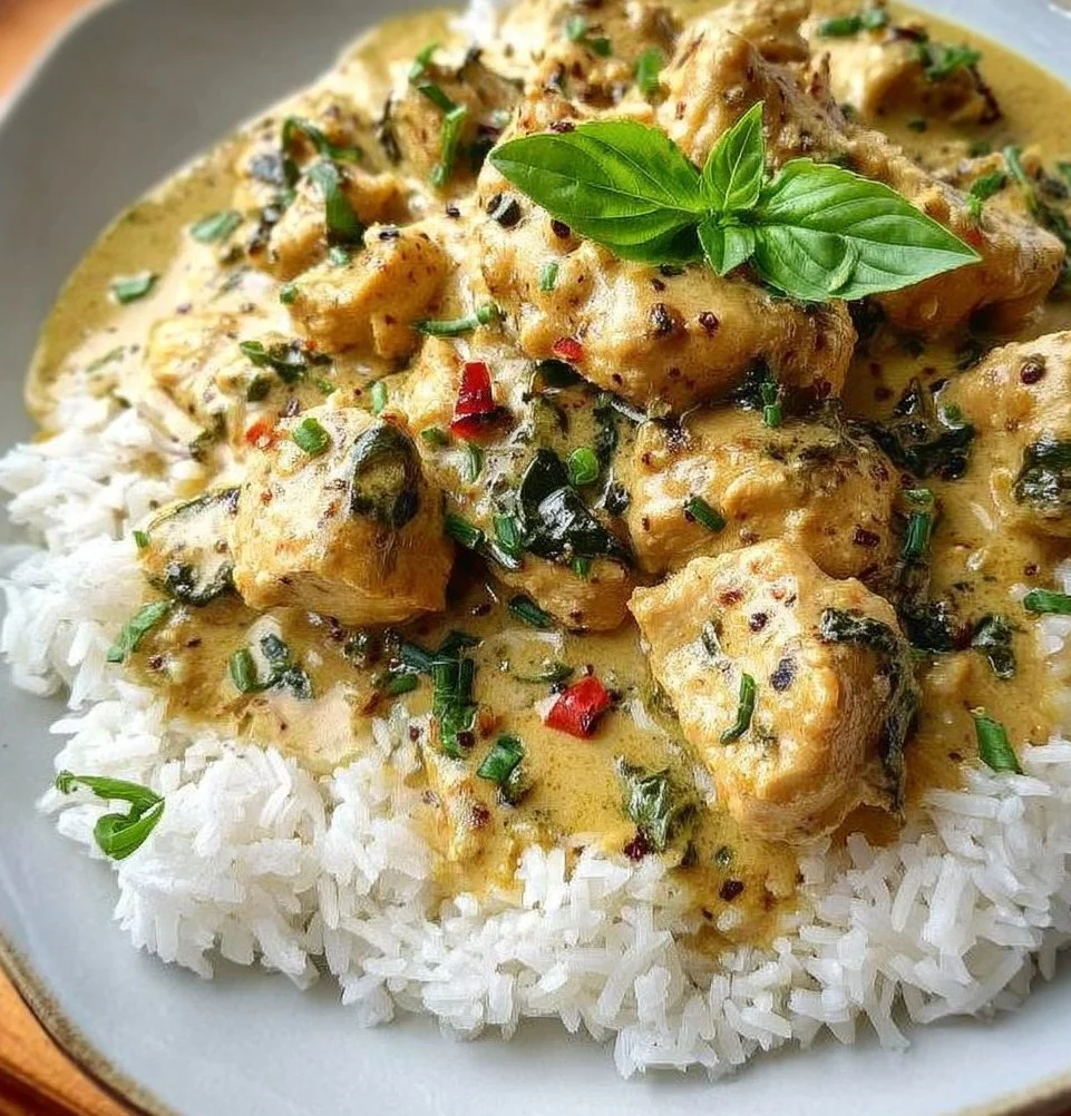 Basil Chicken with Coconut Curry Sauce garnished with fresh basil leaves.