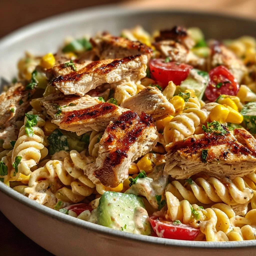 Delicious BBQ Chicken Pasta Salad served in a bowl with fresh ingredients