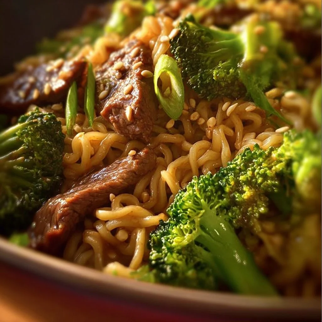 Beef and broccoli ramen stir fry served in a bowl