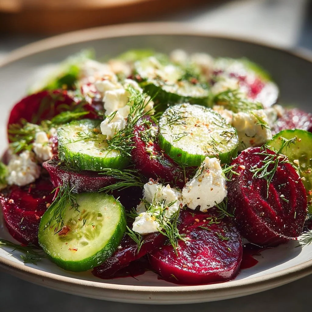 Colorful beet salad with feta cheese, cucumbers, and fresh dill.