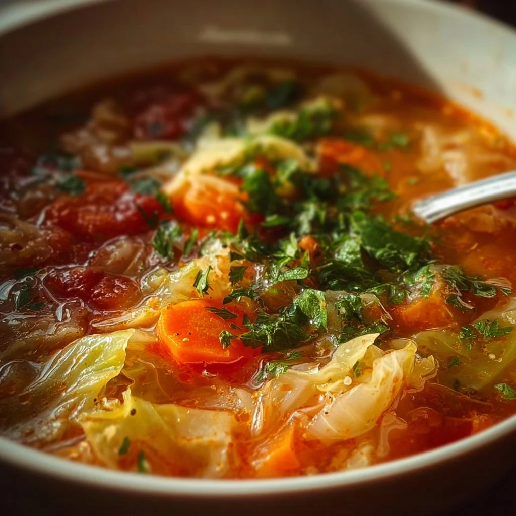 A bowl of delicious homemade cabbage soup garnished with herbs.
