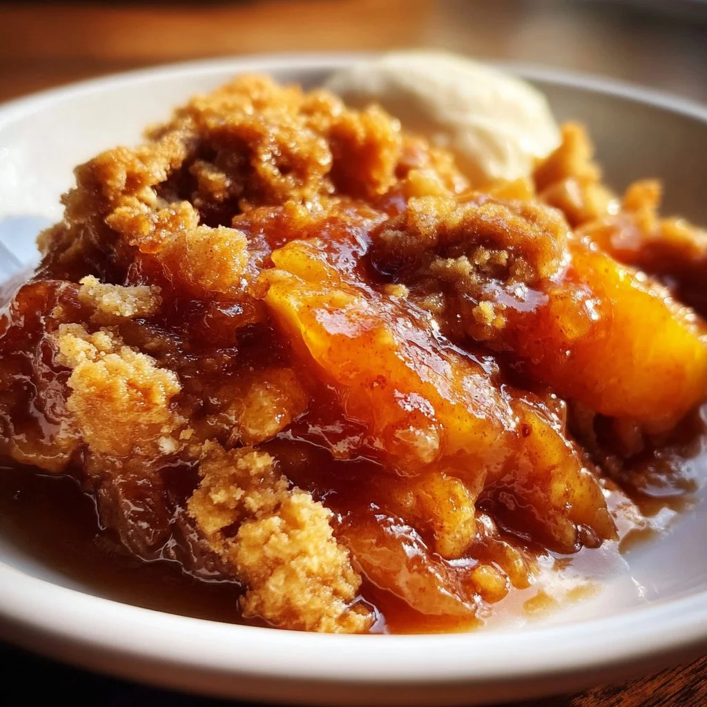 Delicious crock pot peach cobbler served in a bowl with a scoop of ice cream