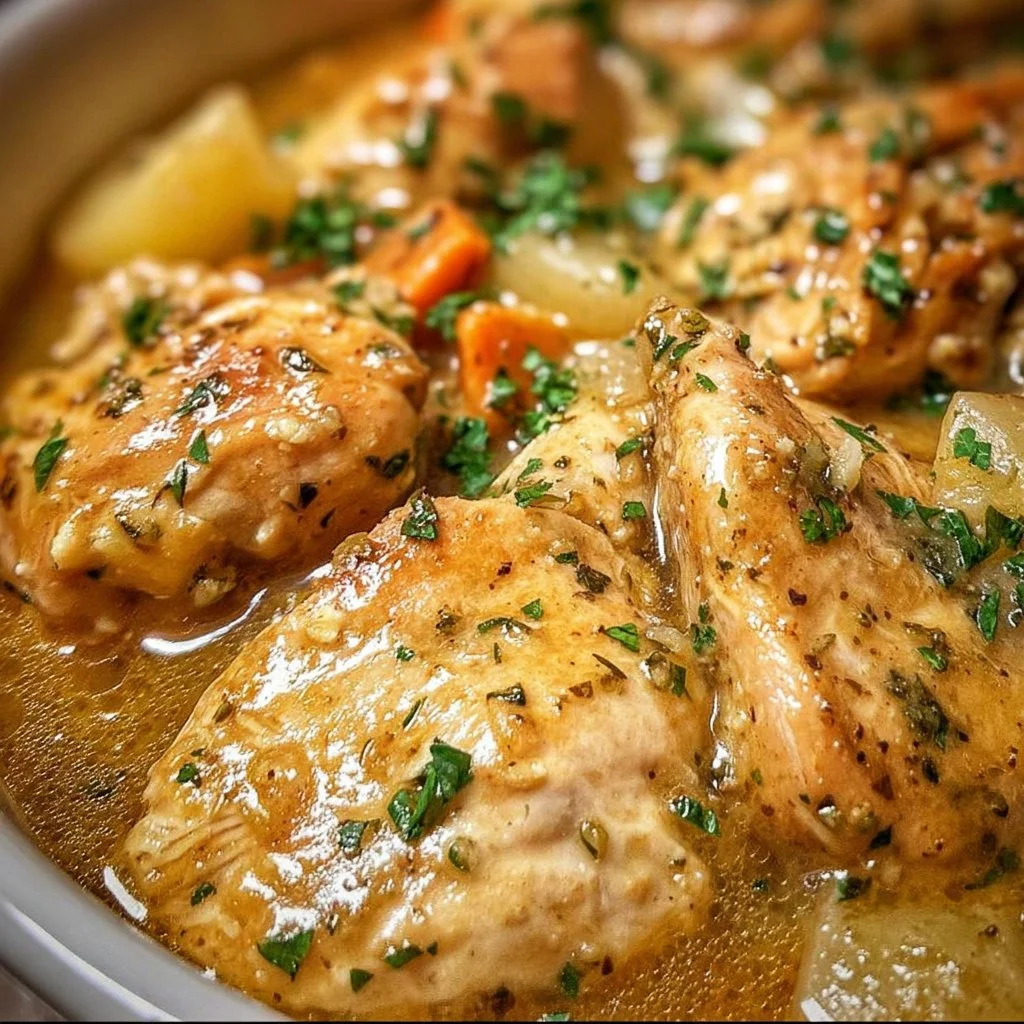 Delicious Crockpot Chicken with savory gravy served in a bowl.