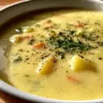 A bowl of creamy potato leek soup garnished with fresh herbs.