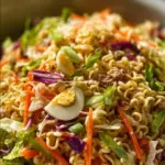 A vibrant bowl of the best ramen noodle salad with fresh vegetables and dressing.