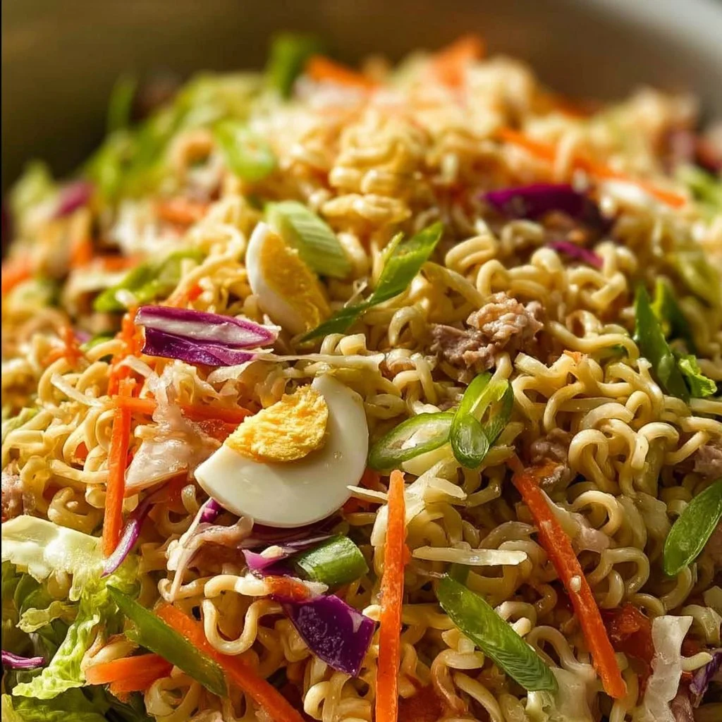 A vibrant bowl of the best ramen noodle salad with fresh vegetables and dressing.