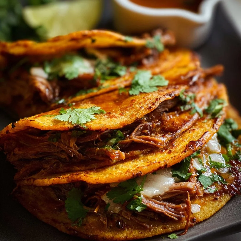 Delicious Birria Tacos served with consommé and garnished with fresh herbs.