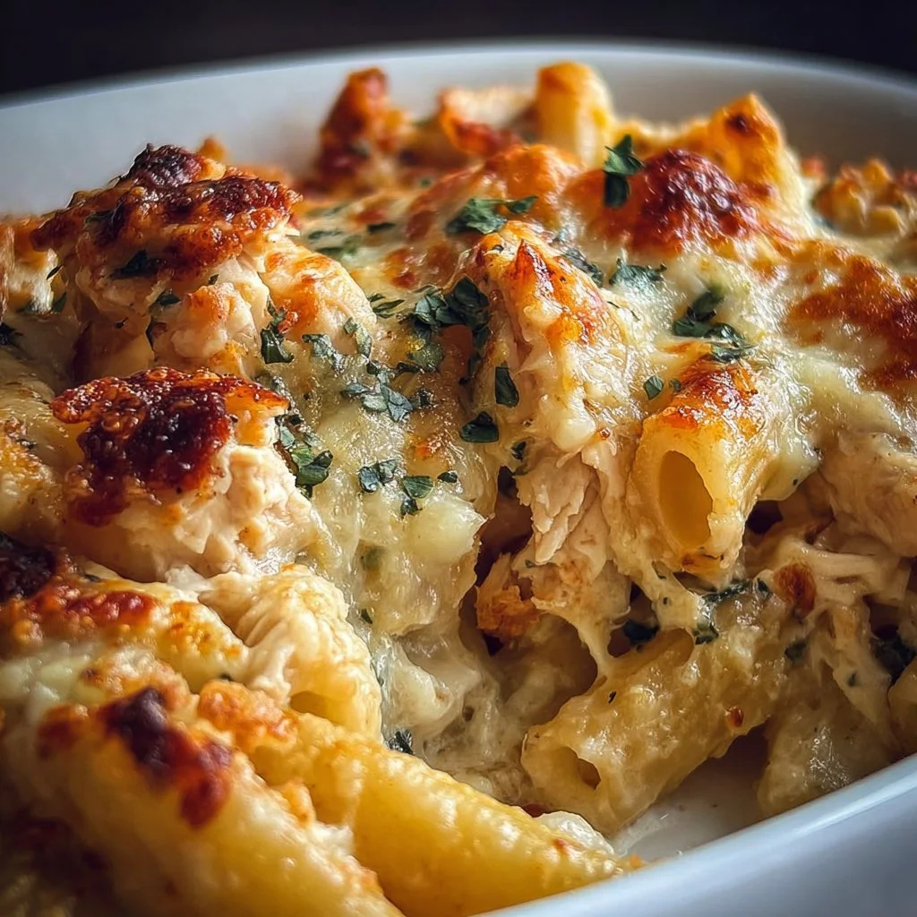 Delicious Boursin Chicken Baked Ziti topped with herbs and cheese