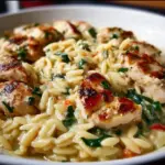 Boursin orzo with chicken served in a bowl, garnished with herbs.