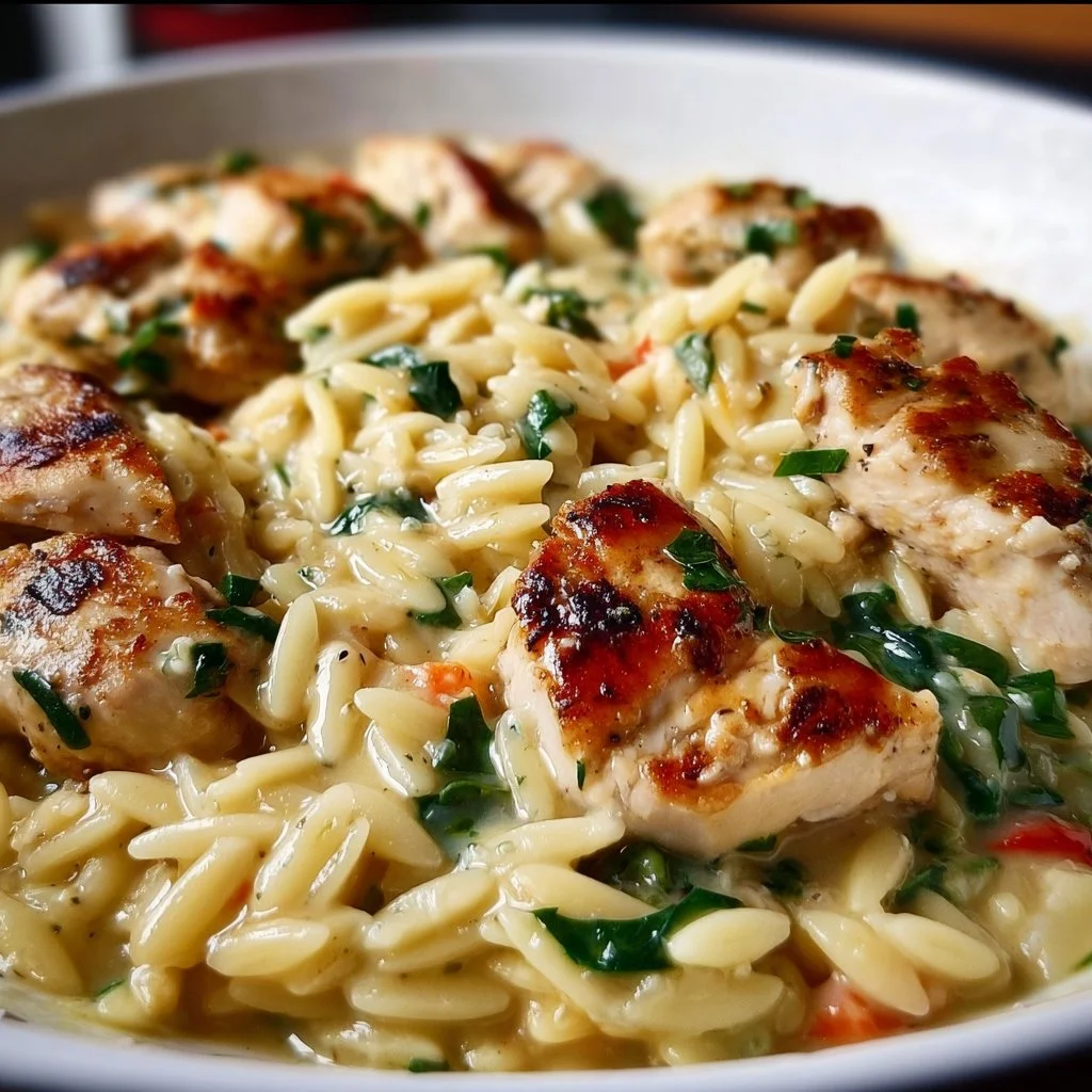 Boursin orzo with chicken served in a bowl, garnished with herbs.