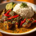 Delicious bowl of Brazilian Coconut Chicken garnished with herbs