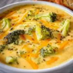 Bowl of creamy Broccoli Cheddar Soup topped with shredded cheese and broccoli florets.