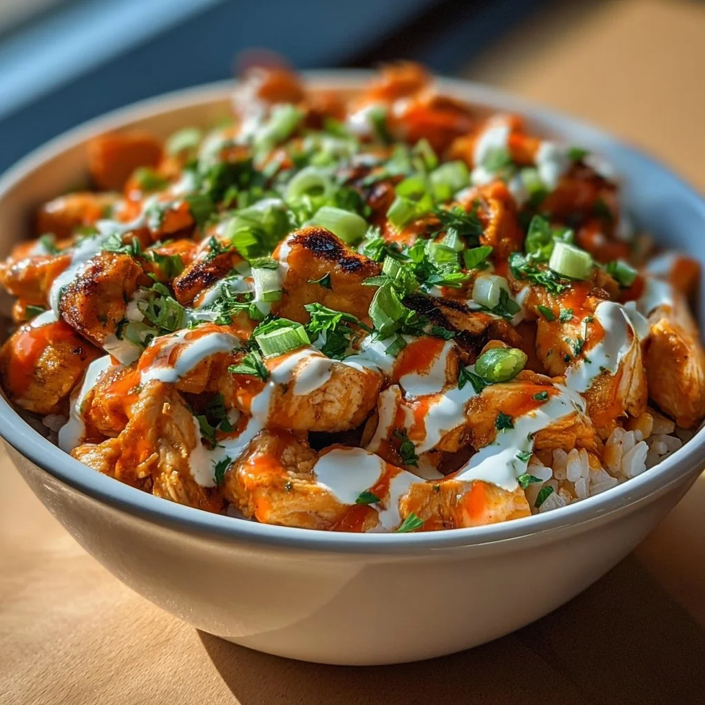Delicious Buffalo Chicken Bowl with toppings and fresh ingredients