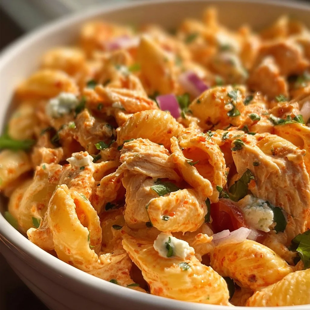 Buffalo Chicken Pasta Salad with creamy dressing and spicy chicken pieces