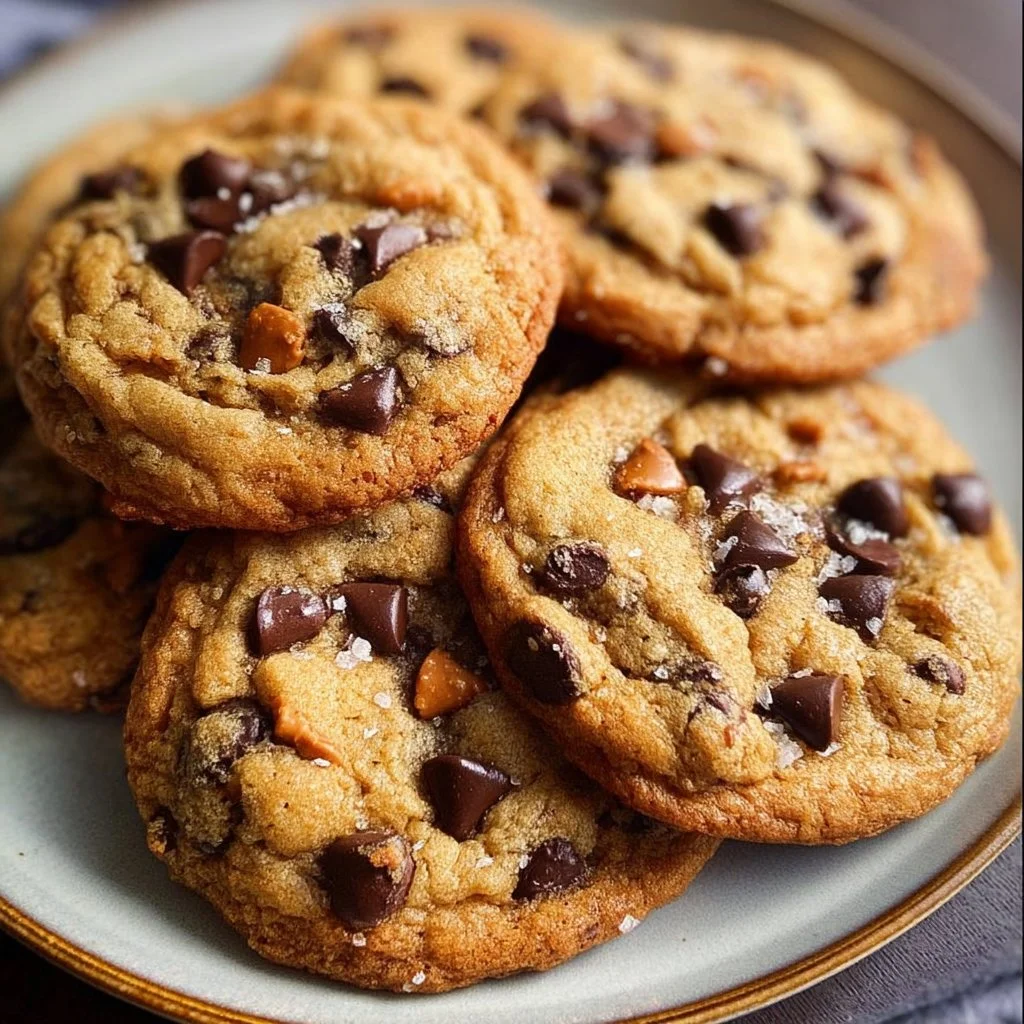 Freshly baked butterscotch chocolate chip cookies on a cooling rack