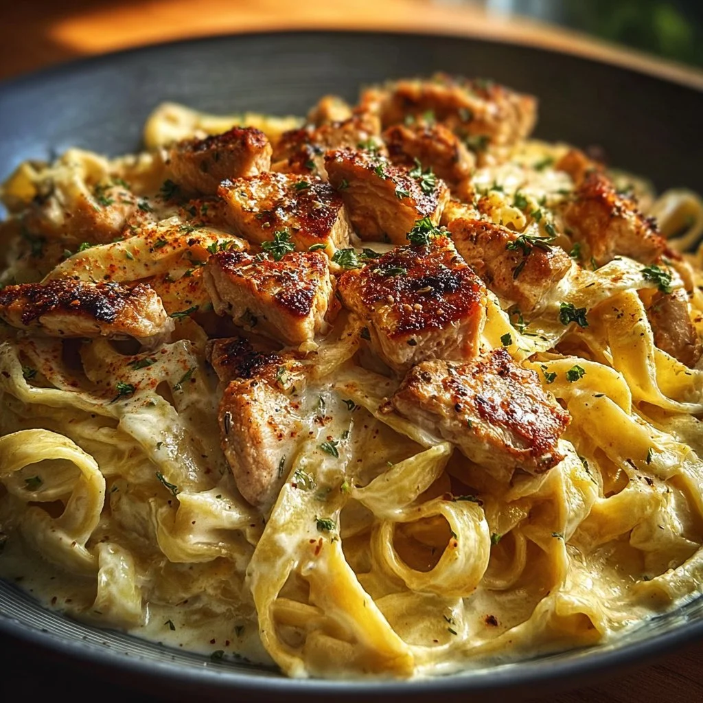 Delicious Cajun Chicken Fettuccine Alfredo served with a creamy sauce