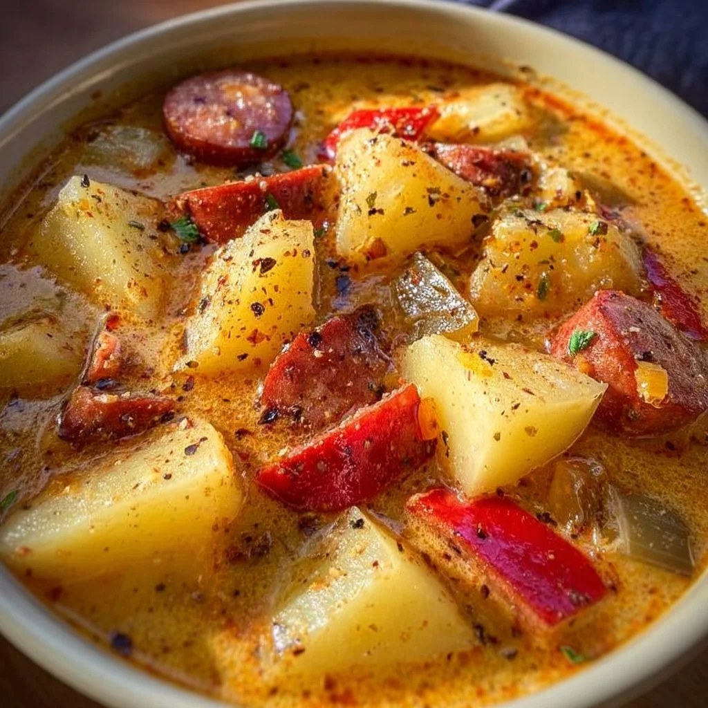 Bowl of creamy Cajun Potato Soup garnished with herbs and spices