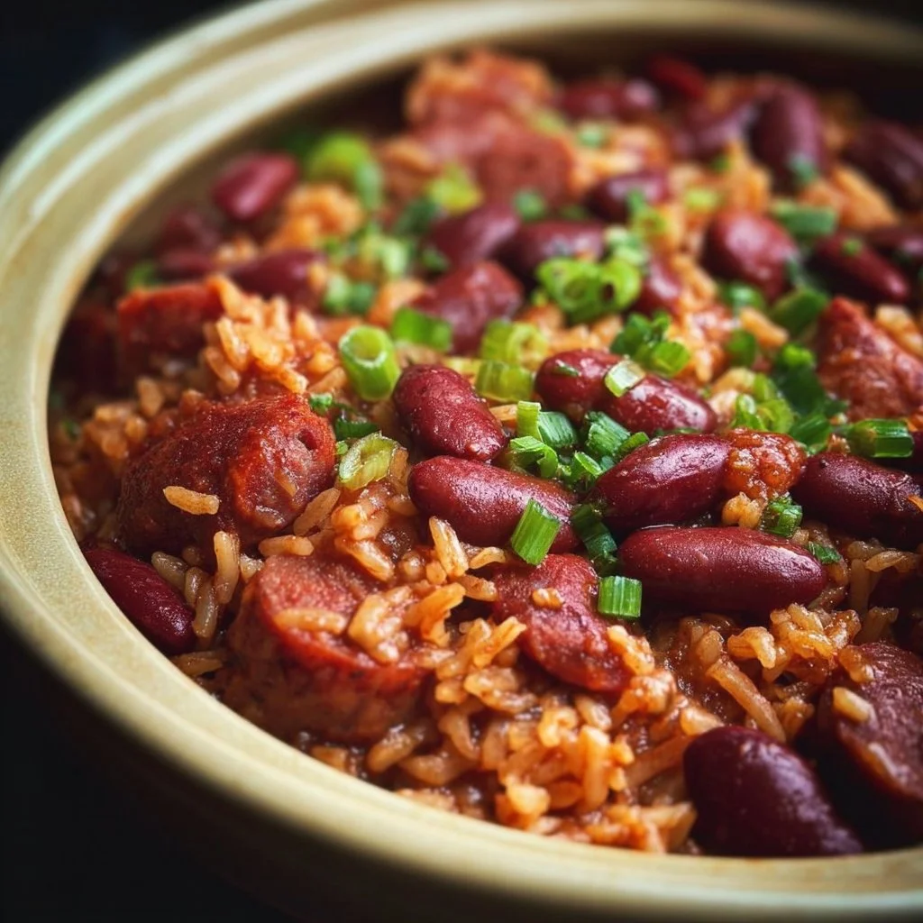 Delicious Cajun red beans and rice served in a bowl with herbs