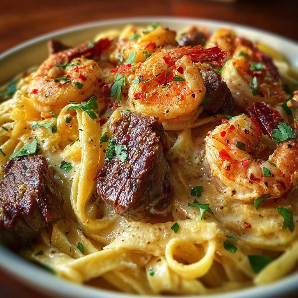 Cajun shrimp and steak alfredo pasta dish with creamy sauce and herbs