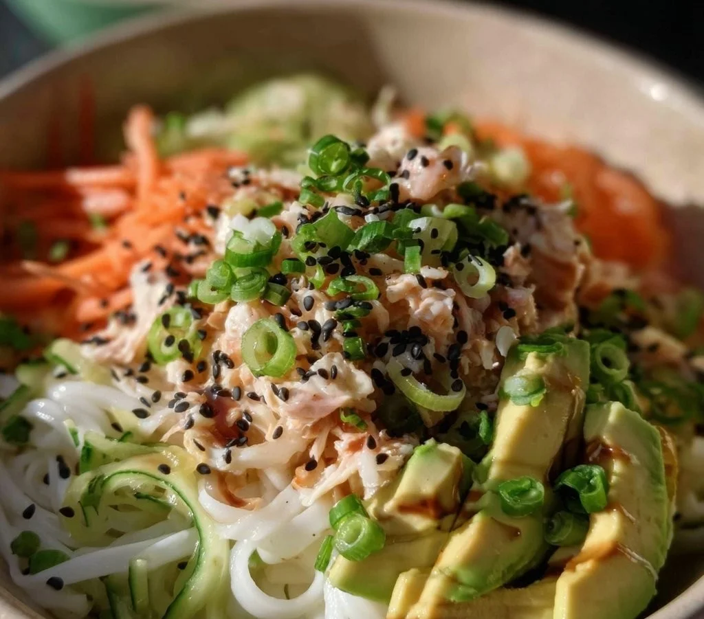 California Roll Rice Noodle Bowl with fresh ingredients and vibrant colors