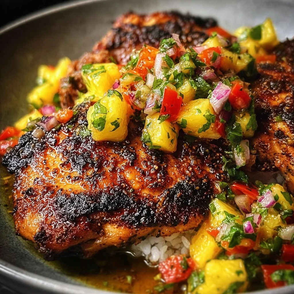 Caribbean jerk chicken served with pineapple salsa on a white plate