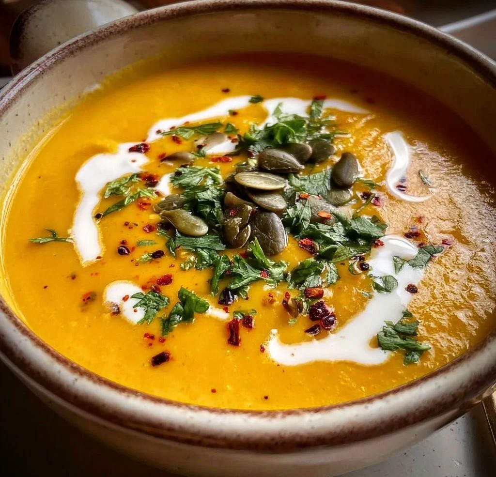 Bowl of creamy carrot pumpkin soup garnished with herbs