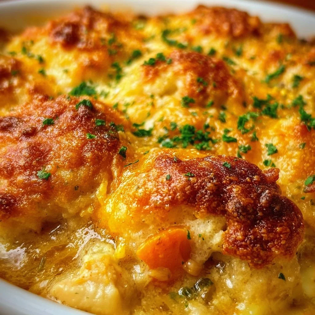 Cheddar Bay Chicken Cobbler served in a rustic dish with herbs