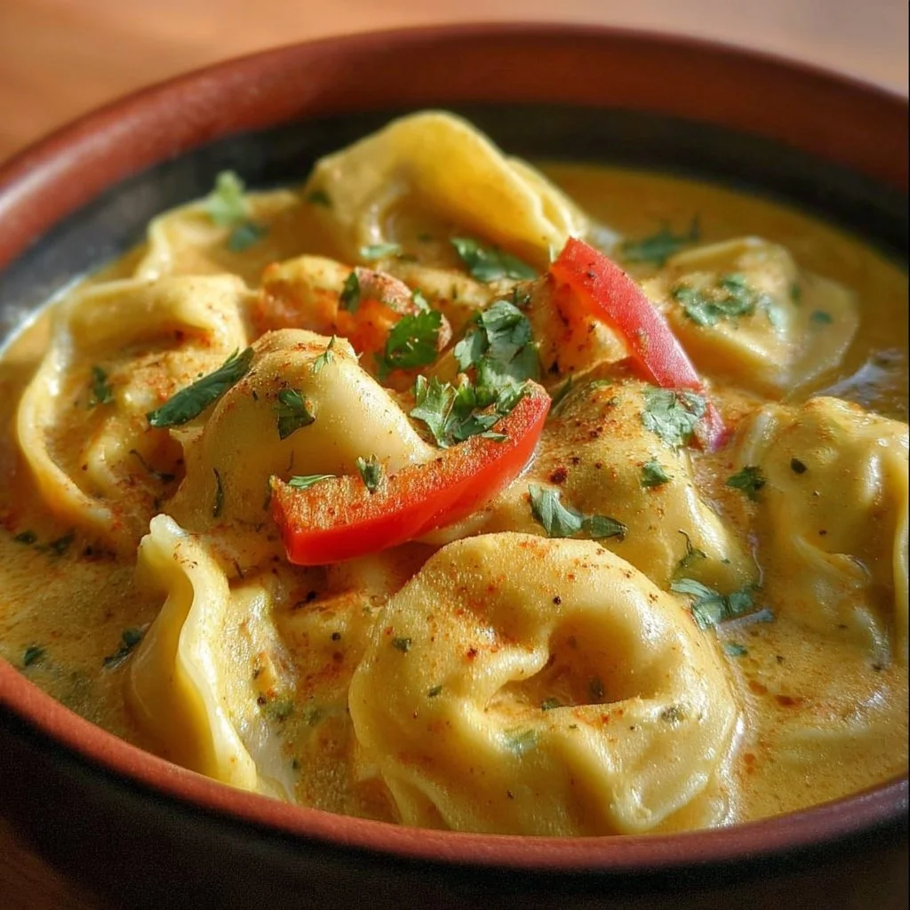 Cheese tortellini in curried coconut milk garnished with herbs