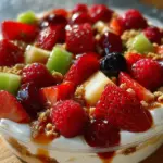Delicious cheesecake fruit salad topped with fresh fruits in a bowl