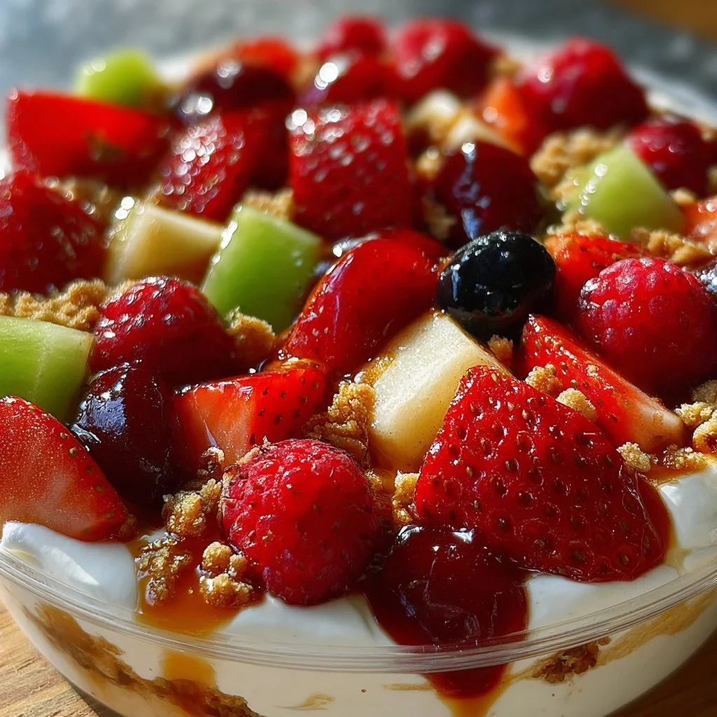 Delicious cheesecake fruit salad topped with fresh fruits in a bowl