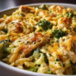 Bowl of cheesy chicken broccoli orzo with chicken and broccoli florets.