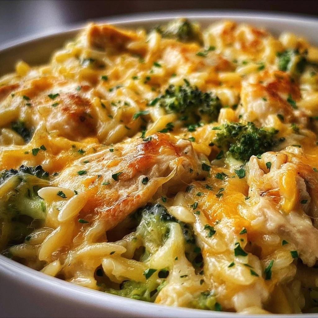 Bowl of cheesy chicken broccoli orzo with chicken and broccoli florets.