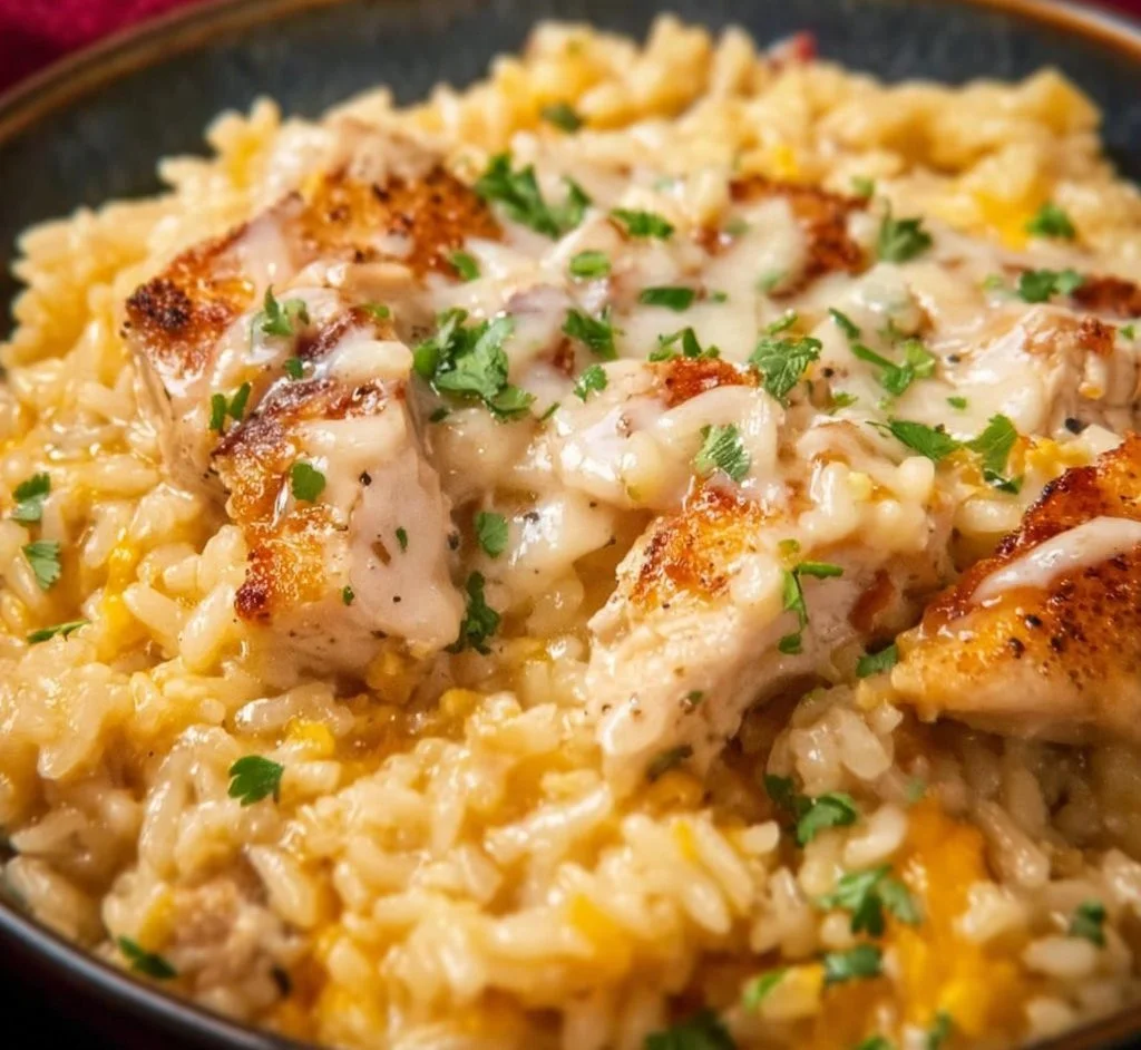 Cheesy CrockPot Chicken and Rice in a bowl, ready to serve.