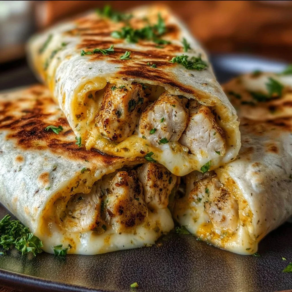 Delicious cheesy garlic chicken wraps with fresh ingredients and savory flavors