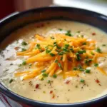 Delicious bowl of Cheesy Potato Soup topped with cheese and herbs